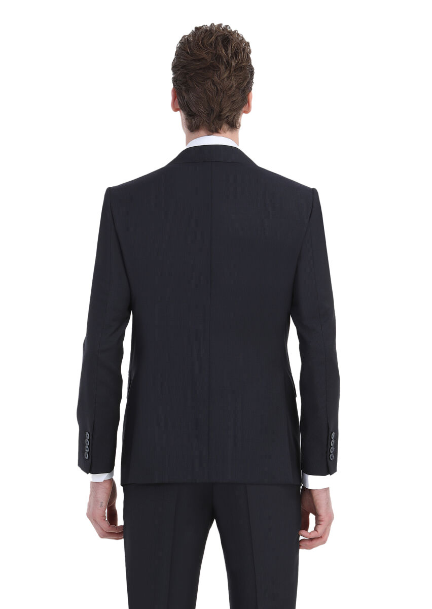 Lacivert Çizgili Modern Fit %100 Yün Takım Elbise - 6