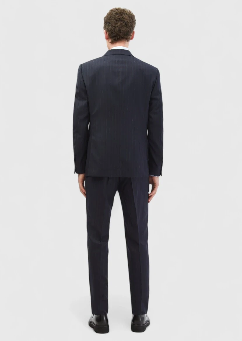 Lacivert Çizgili Modern Fit %100 Yün Takım Elbise - 6