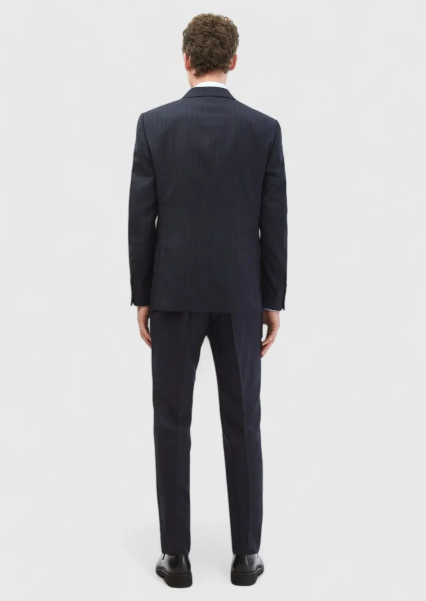 Lacivert Çizgili Modern Fit %100 Yün Takım Elbise - 6