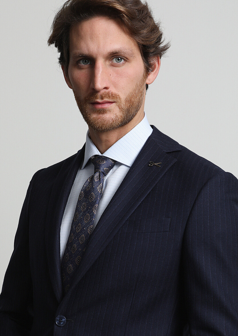 Lacivert Çizgili Modern Fit Yün Karışımlı Takım Elbise - 2