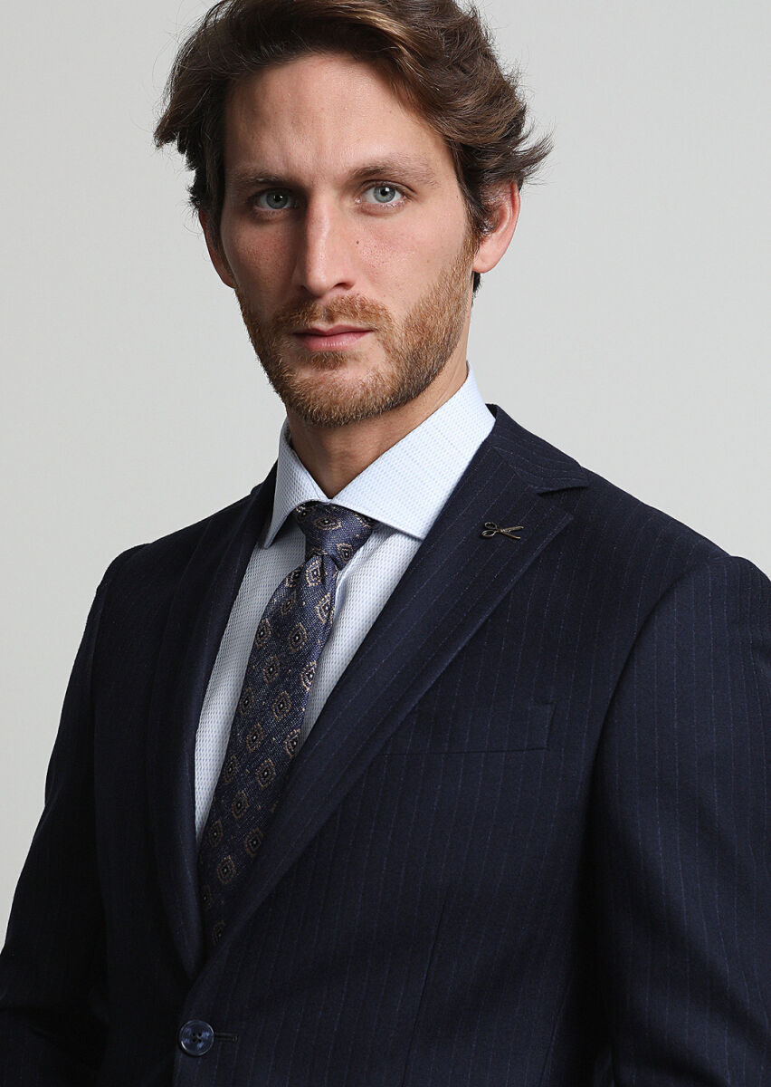 Lacivert Çizgili Modern Fit Yün Karışımlı Takım Elbise - 2