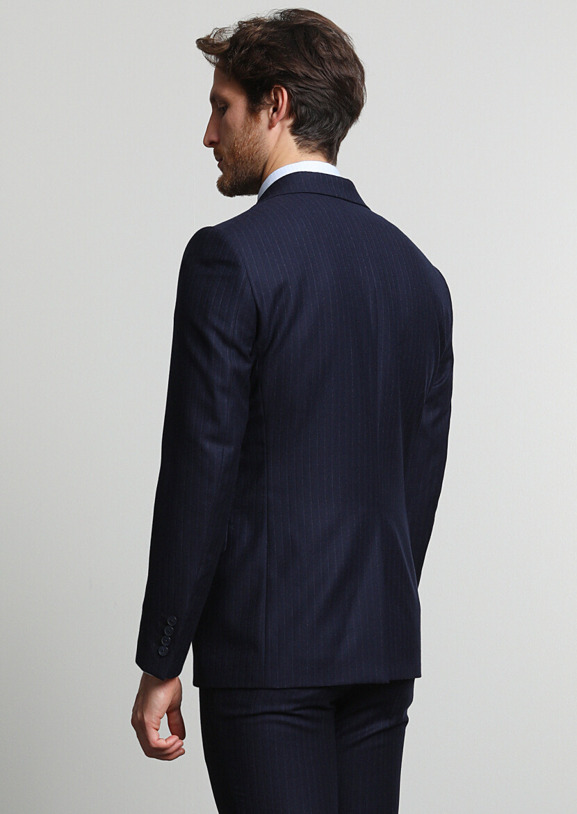 Lacivert Çizgili Modern Fit Yün Karışımlı Takım Elbise - 4