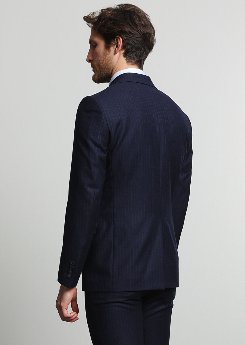 Lacivert Çizgili Modern Fit Yün Karışımlı Takım Elbise - 4