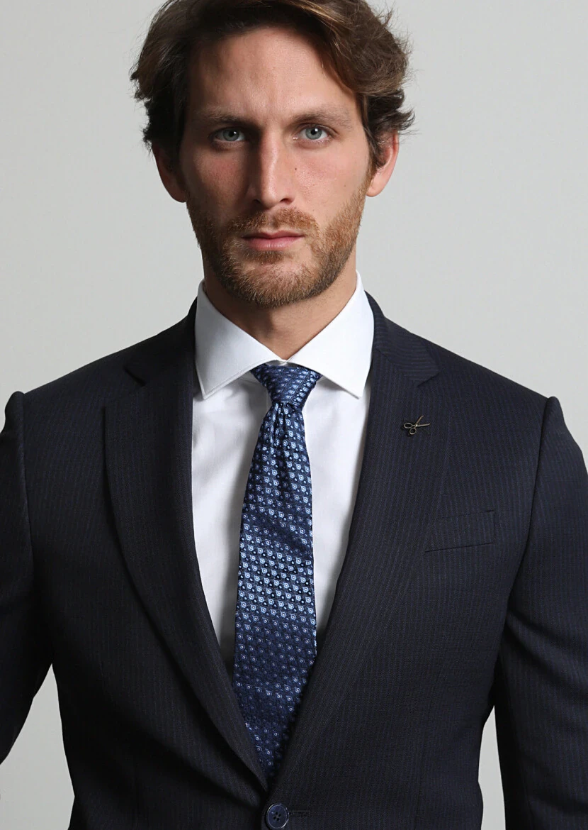 Lacivert Çizgili Modern Fit Yün Karışımlı Takım Elbise - 2