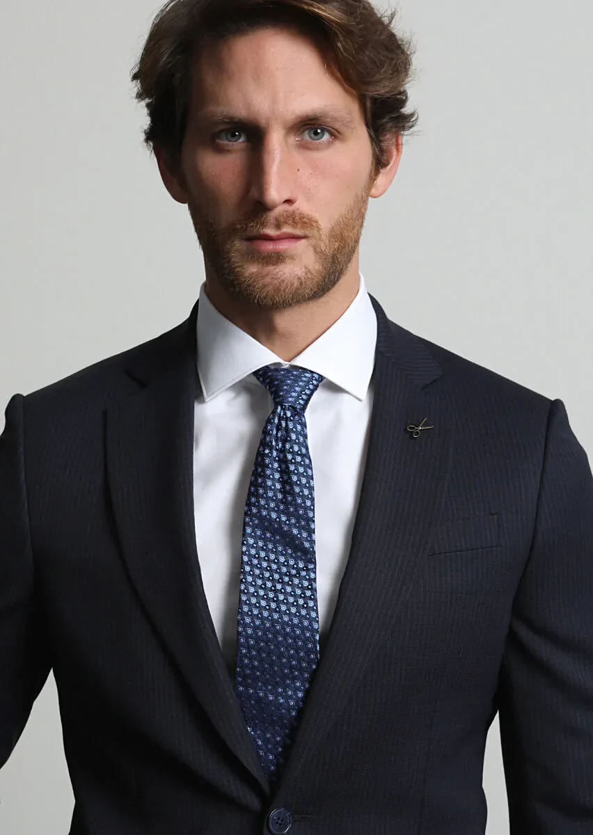 Lacivert Çizgili Modern Fit Yün Karışımlı Takım Elbise - 2