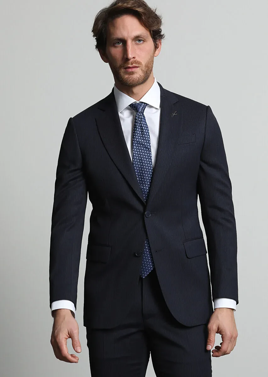 Lacivert Çizgili Modern Fit Yün Karışımlı Takım Elbise - 3