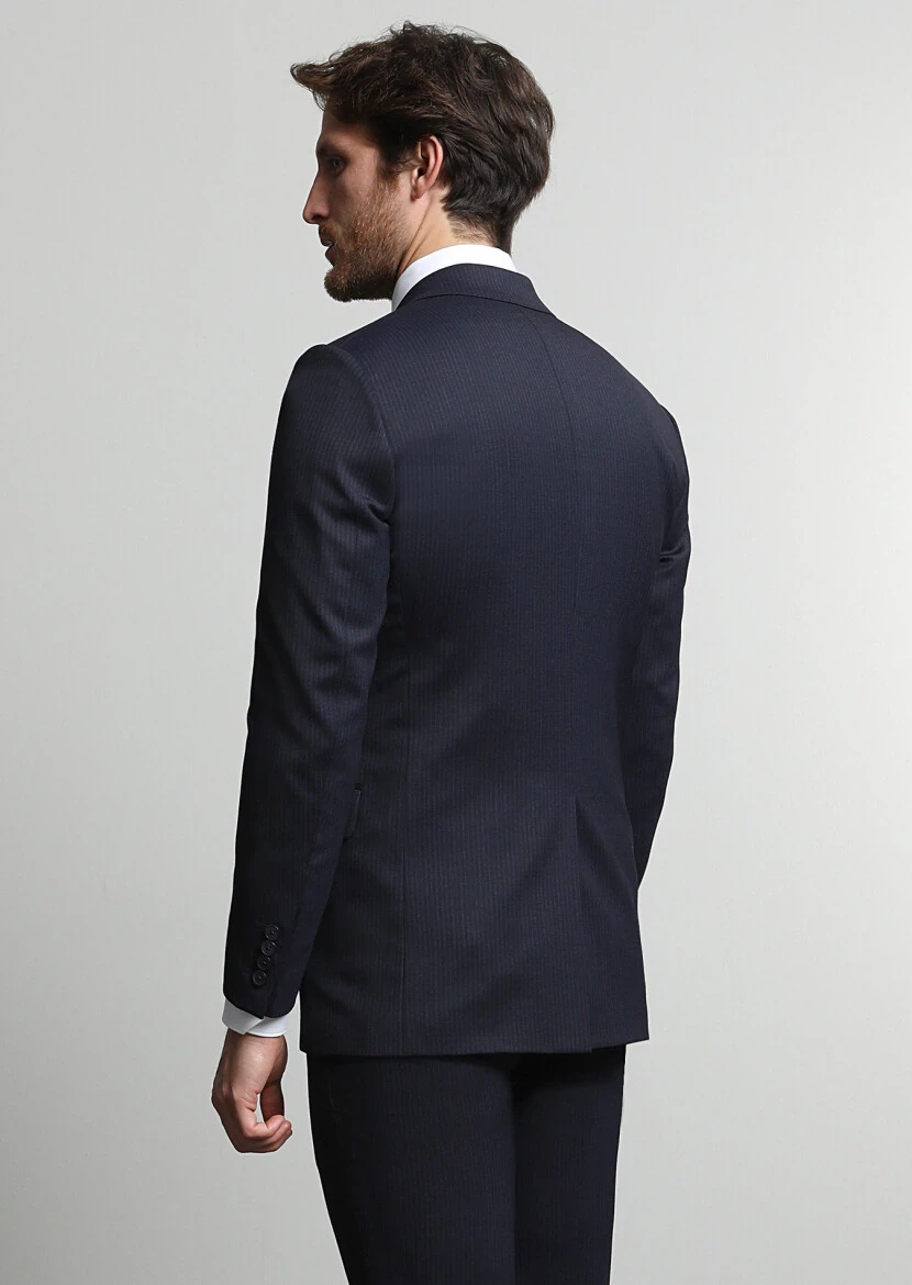 Lacivert Çizgili Modern Fit Yün Karışımlı Takım Elbise - 4