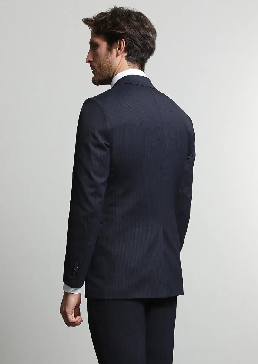 Lacivert Çizgili Modern Fit Yün Karışımlı Takım Elbise - 4