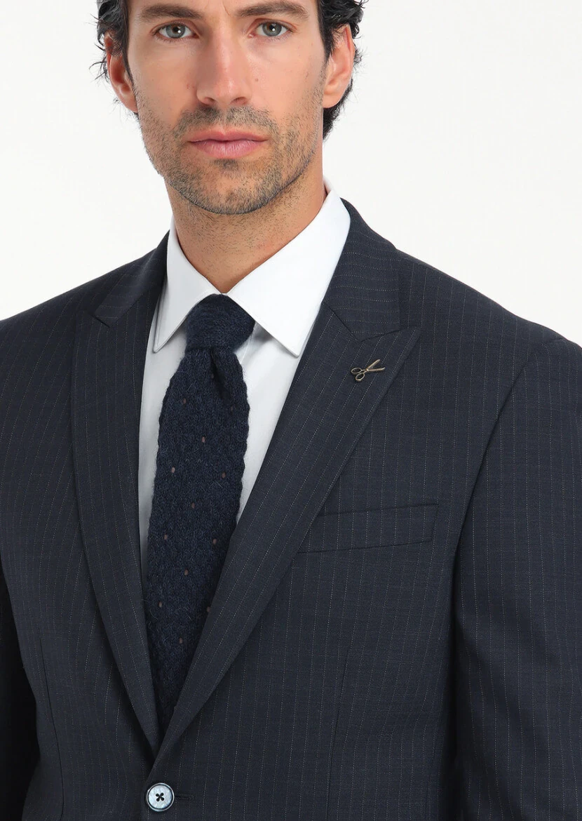 Lacivert Çizgili Modern Fit Yün Karışımlı Takım Elbise - 3
