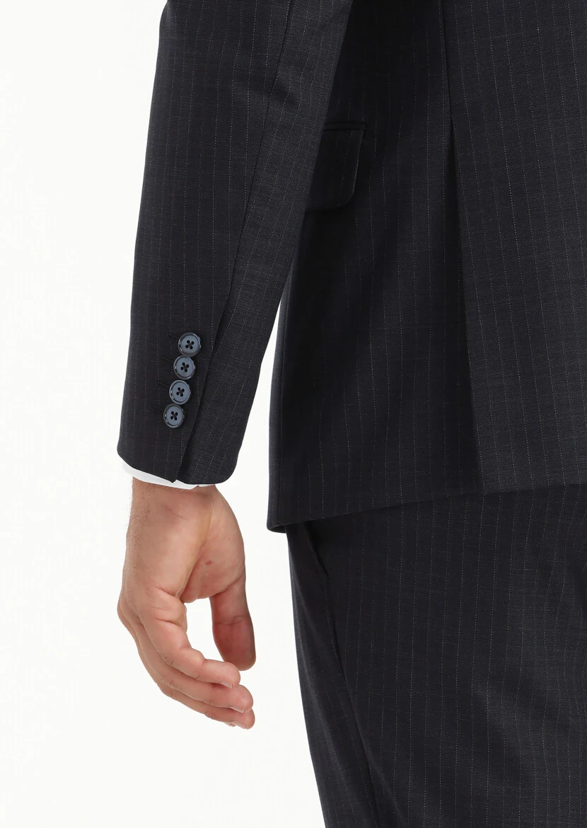 Lacivert Çizgili Modern Fit Yün Karışımlı Takım Elbise - 5