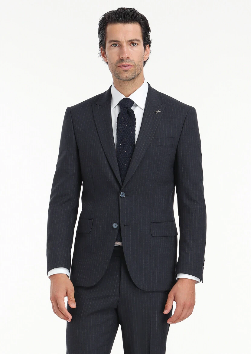 Lacivert Çizgili Modern Fit Yün Karışımlı Takım Elbise - 6