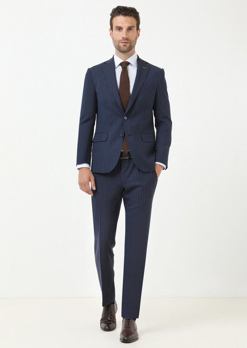 Lacivert Çizgili Modern Fit Yün Karışımlı Takım Elbise - 1