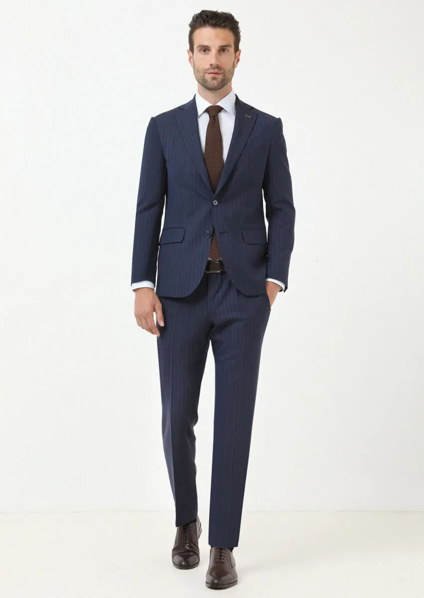 Lacivert Çizgili Modern Fit Yün Karışımlı Takım Elbise - 1