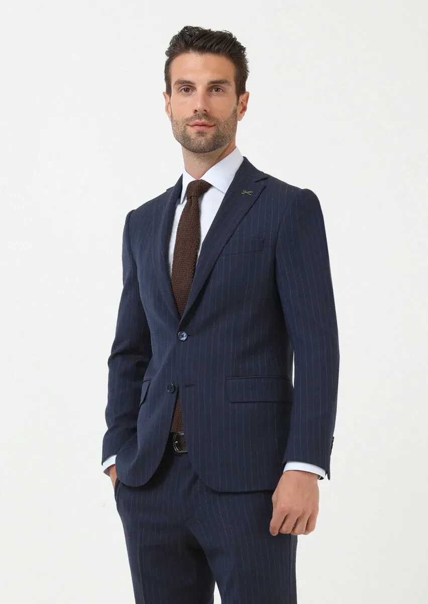 Lacivert Çizgili Modern Fit Yün Karışımlı Takım Elbise - 2