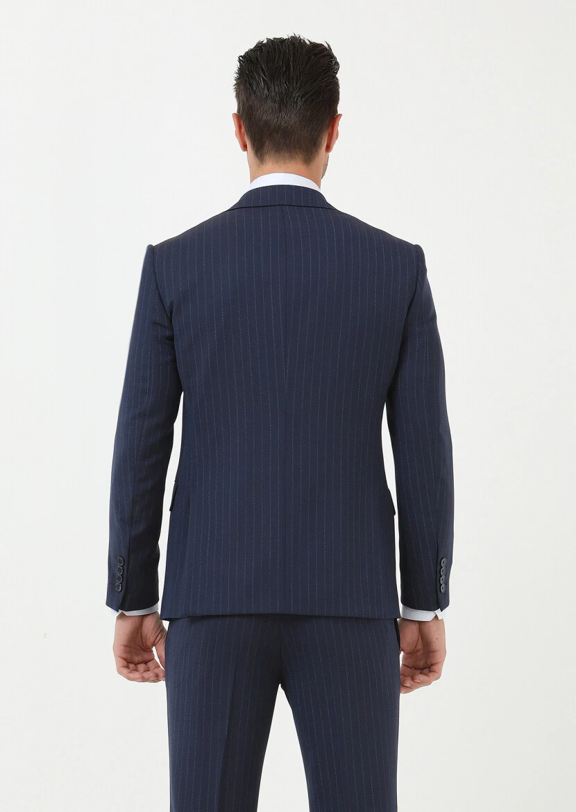 Lacivert Çizgili Modern Fit Yün Karışımlı Takım Elbise - 4