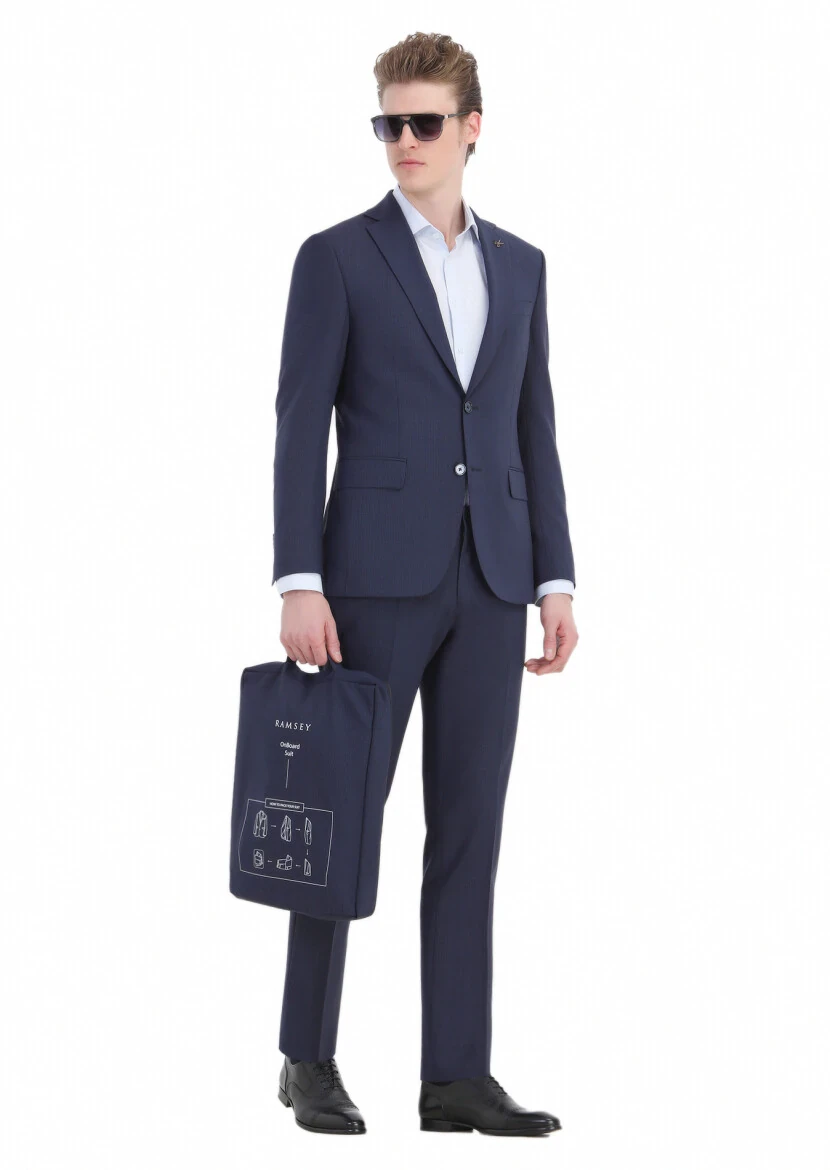 Lacivert Çizgili Modern Fit Yün Karışımlı Takım Elbise - 5