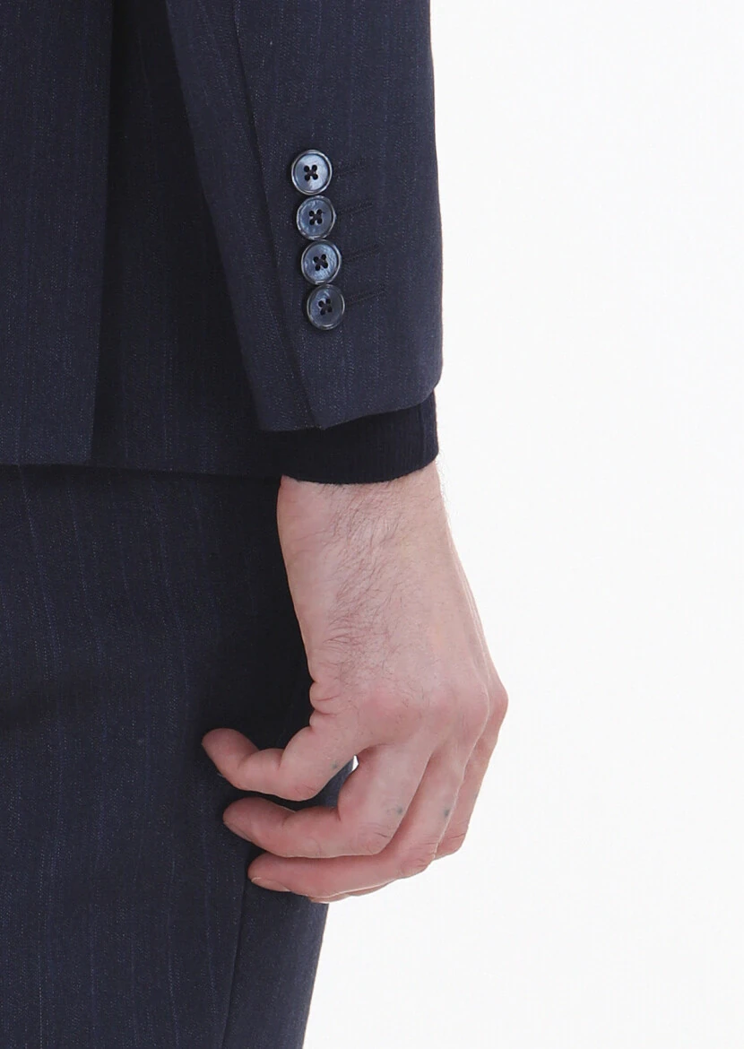 Lacivert Çizgili Modern Fit Yün Karışımlı Takım Elbise - 5