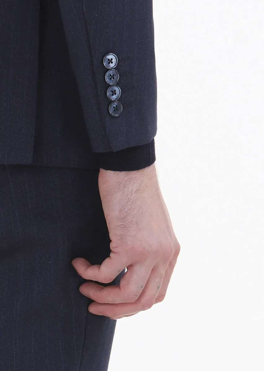 Lacivert Çizgili Modern Fit Yün Karışımlı Takım Elbise - 5