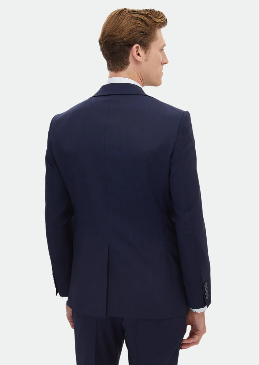 Lacivert Çizgili Modern Fit Yün Karışımlı Takım Elbise - 8