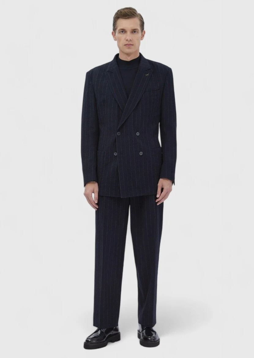 Lacivert Çizgili Oversize Fit Pamuk Karışımlı Takım Elbise - 3