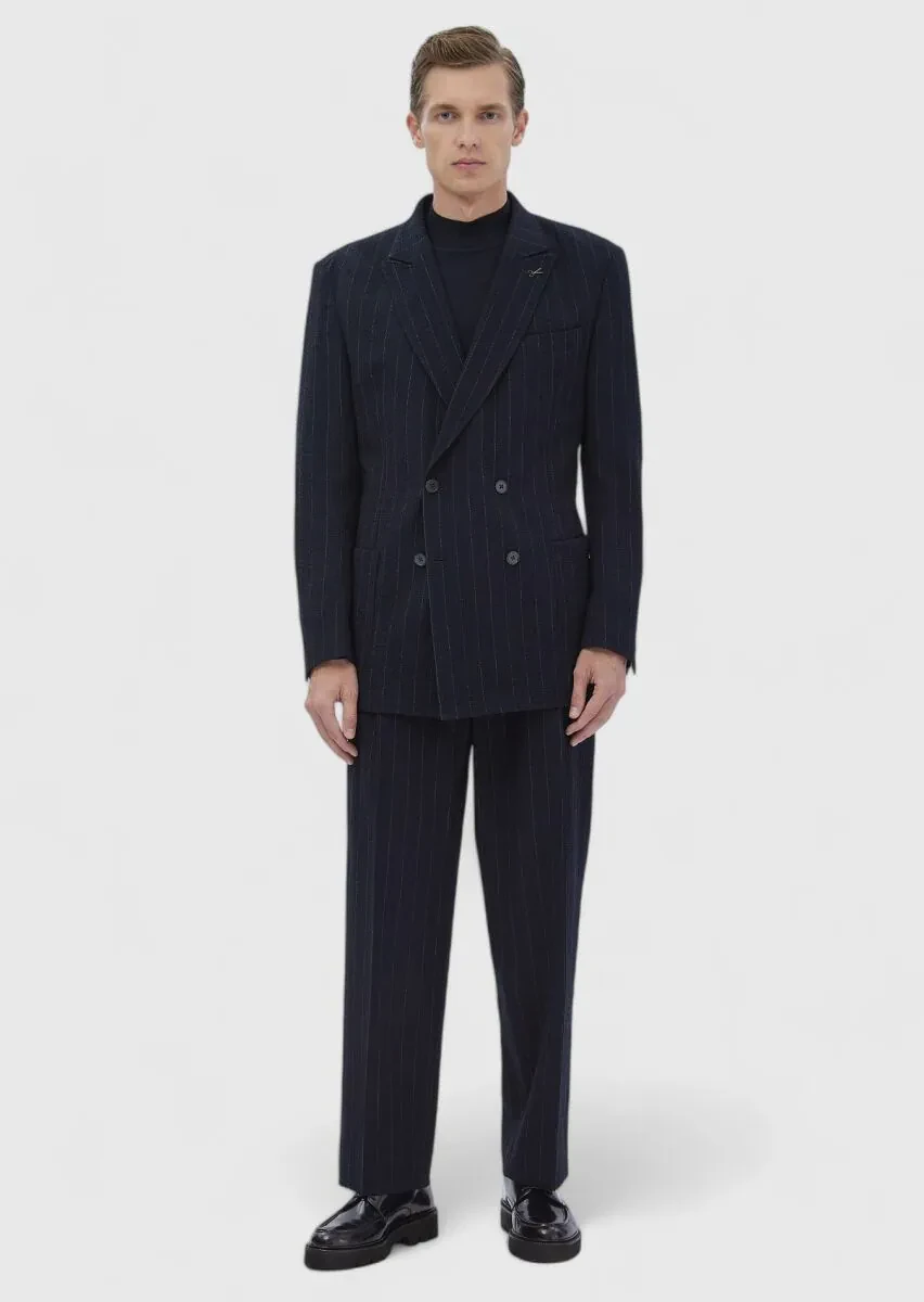 Lacivert Çizgili Oversize Fit Pamuk Karışımlı Takım Elbise - 3