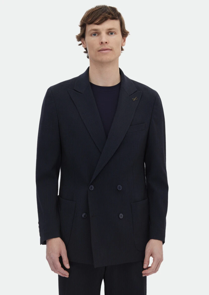 Lacivert Çizgili Oversize Fit Yün Karışımlı Takım Elbise - 1