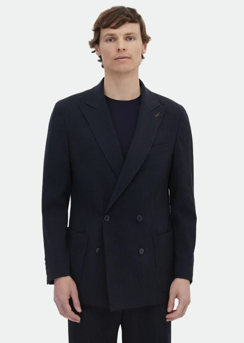 Lacivert Çizgili Oversize Fit Yün Karışımlı Takım Elbise - 1