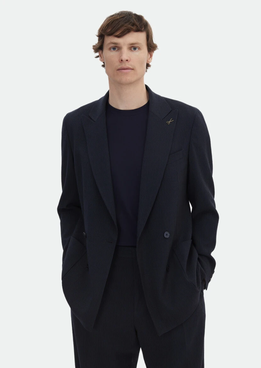 Lacivert Çizgili Oversize Fit Yün Karışımlı Takım Elbise - 2