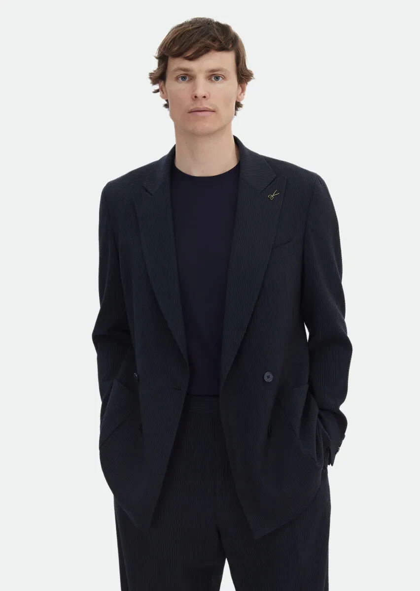 Lacivert Çizgili Oversize Fit Yün Karışımlı Takım Elbise - 2