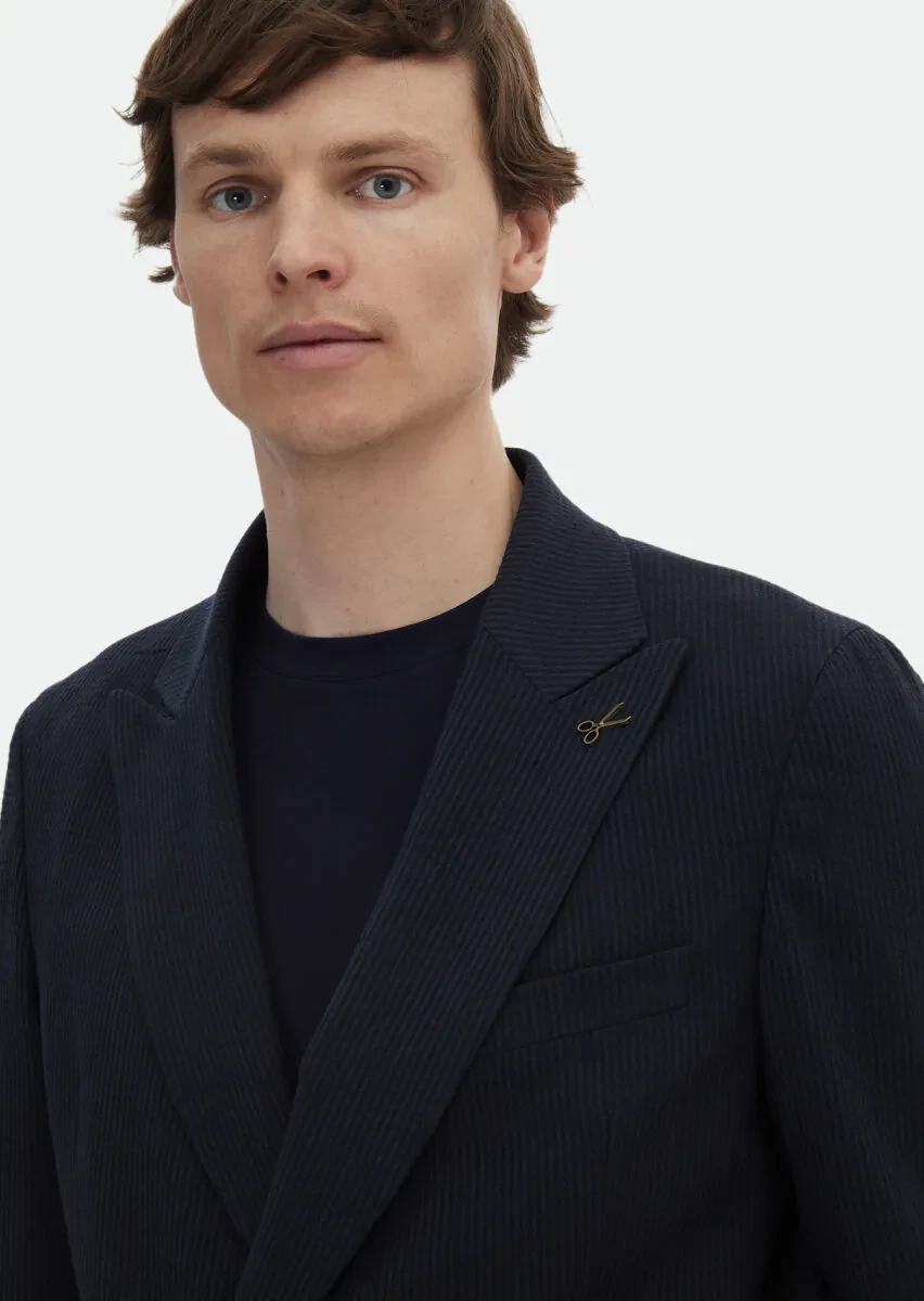 Lacivert Çizgili Oversize Fit Yün Karışımlı Takım Elbise - 4