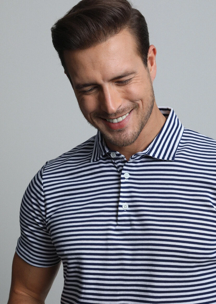 Lacivert Çizgili Polo Yaka %100 Pamuk T-Shirt - 1