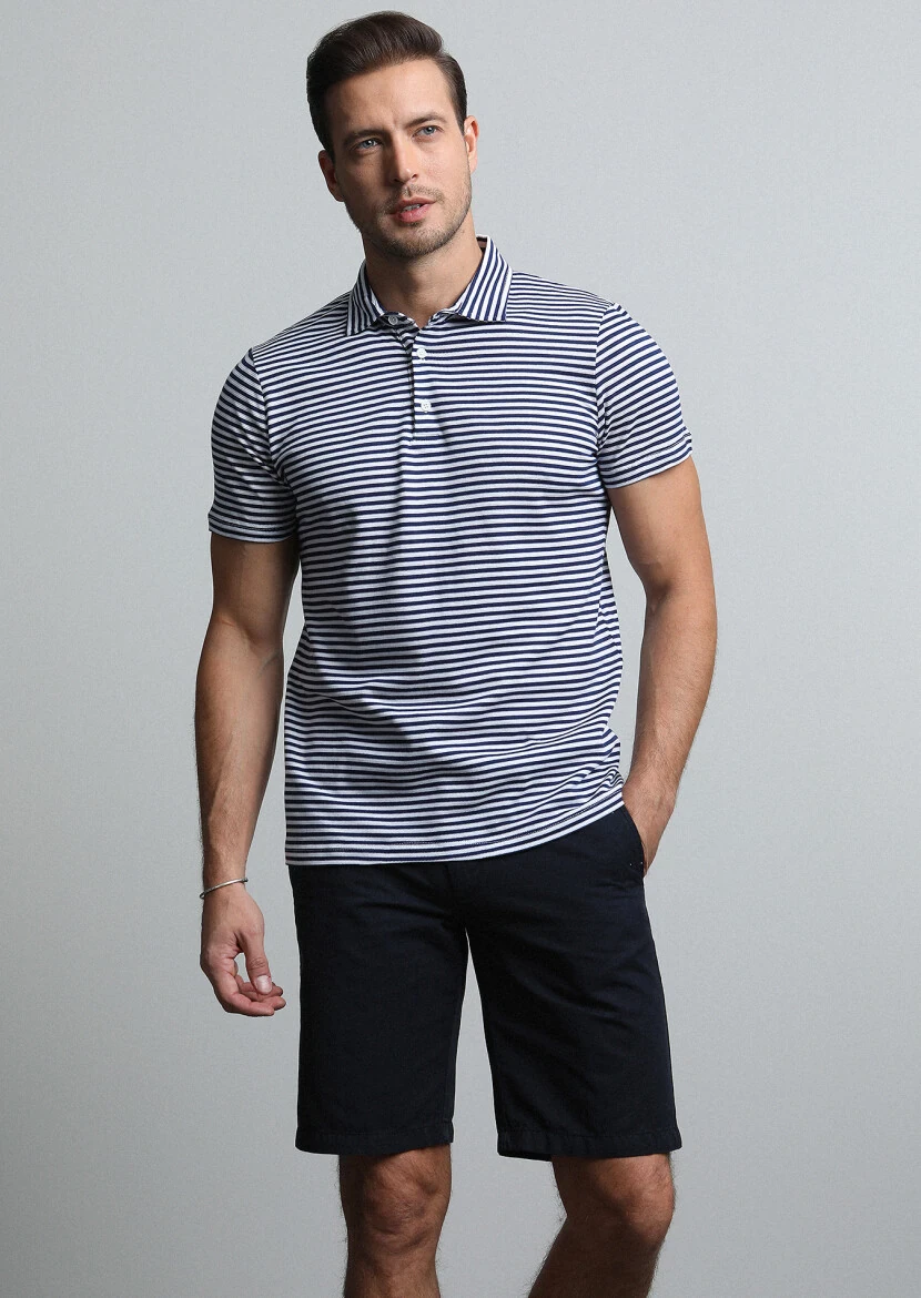 Lacivert Çizgili Polo Yaka %100 Pamuk T-Shirt - 3