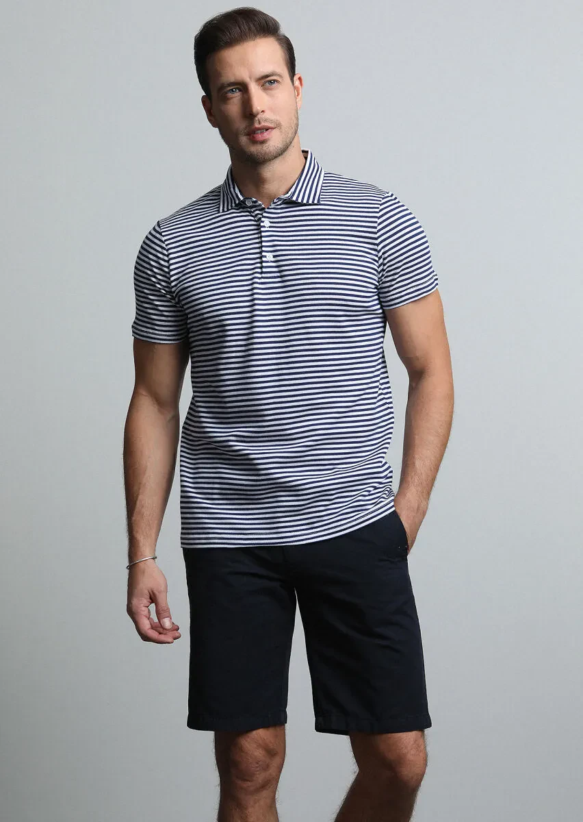 Lacivert Çizgili Polo Yaka %100 Pamuk T-Shirt - 3