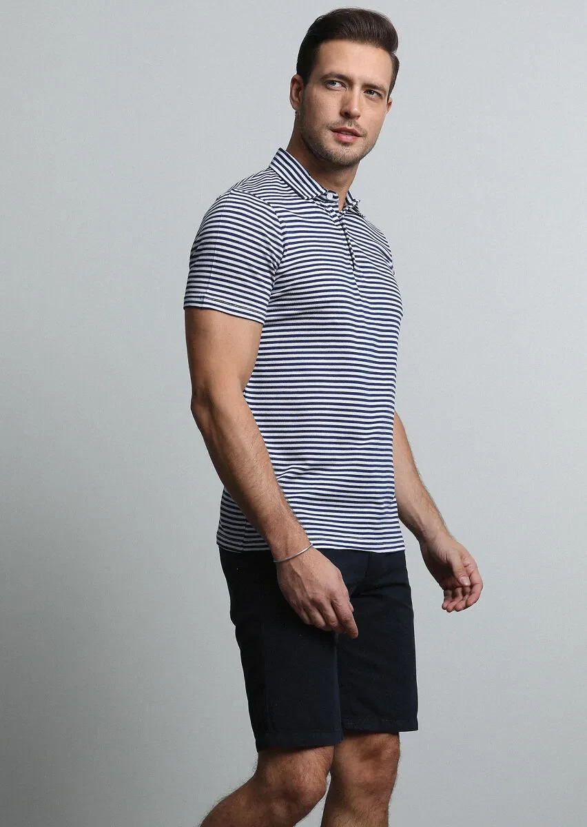 Lacivert Çizgili Polo Yaka %100 Pamuk T-Shirt - 4