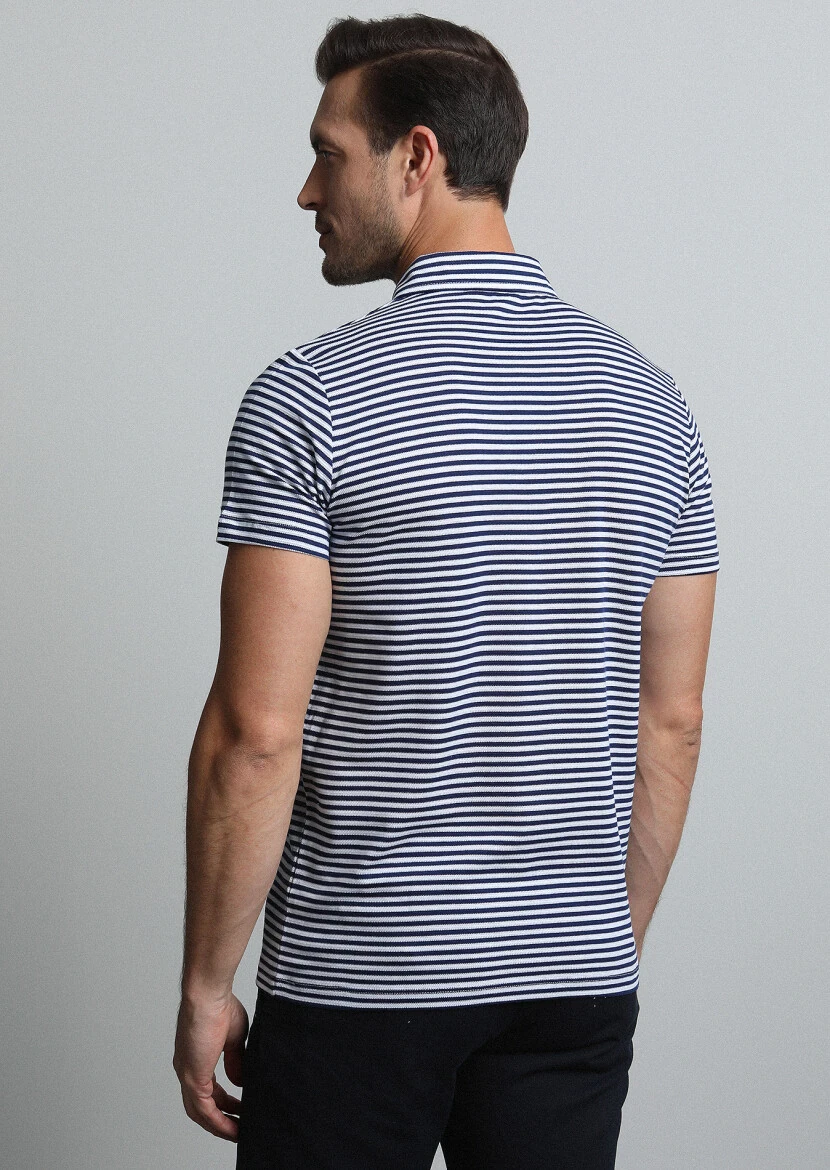 Lacivert Çizgili Polo Yaka %100 Pamuk T-Shirt - 5