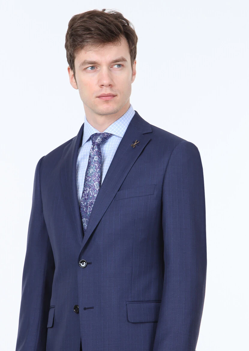 Lacivert Çizgili Regular Fit %100 Yün Takım Elbise - 1