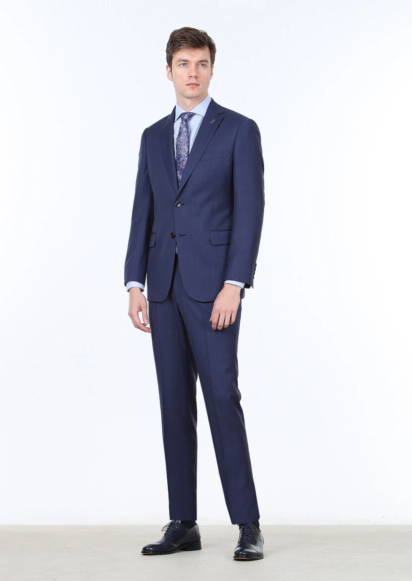 Lacivert Çizgili Regular Fit %100 Yün Takım Elbise - 2
