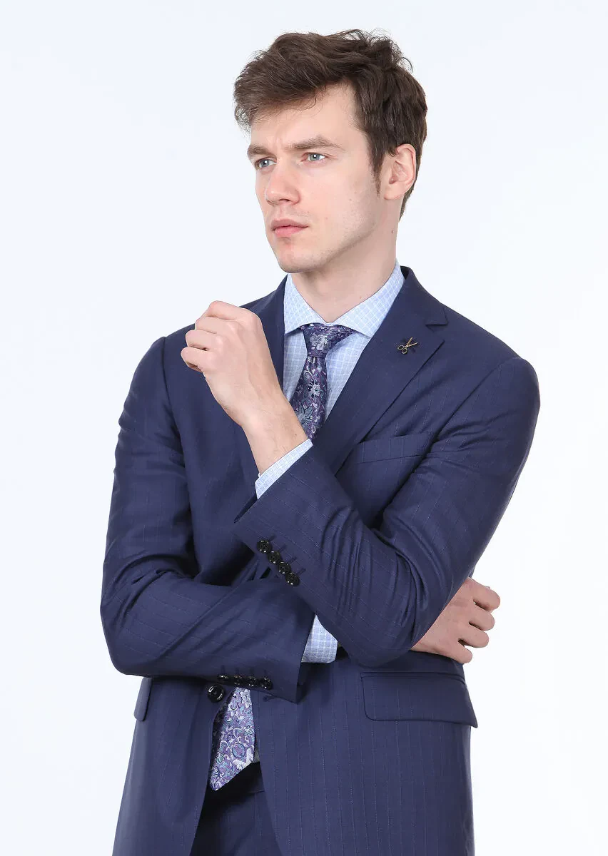 Lacivert Çizgili Regular Fit %100 Yün Takım Elbise - 3