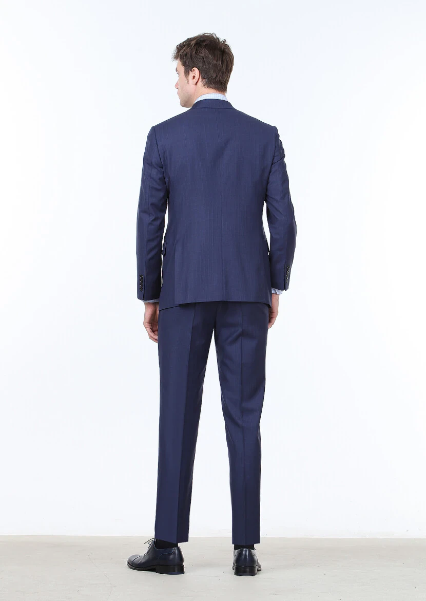 Lacivert Çizgili Regular Fit %100 Yün Takım Elbise - 4