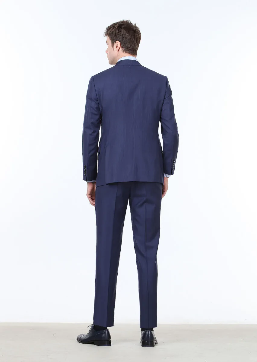 Lacivert Çizgili Regular Fit %100 Yün Takım Elbise - 4