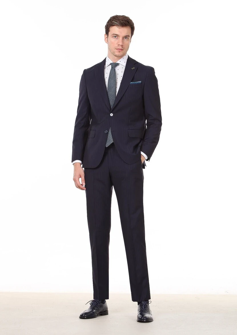 Lacivert Çizgili Regular Fit %100 Yün Takım Elbise - 1