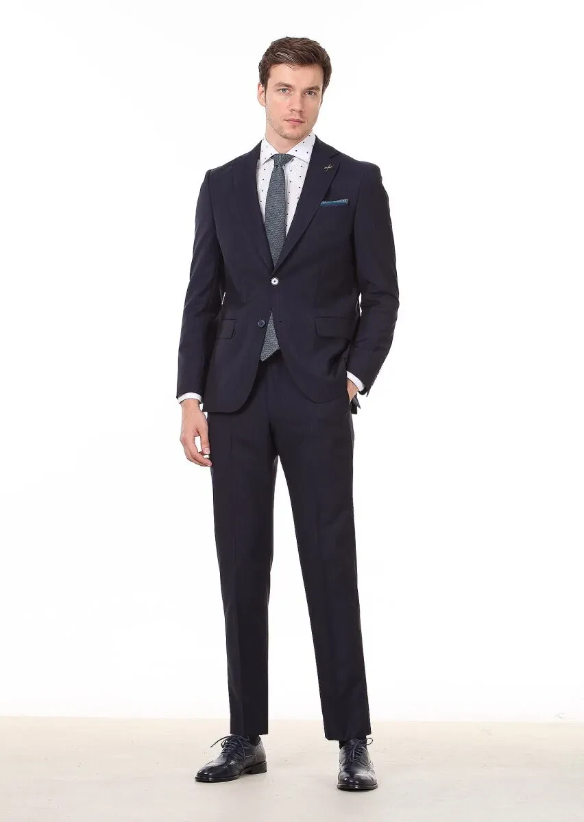 Lacivert Çizgili Regular Fit %100 Yün Takım Elbise - 1