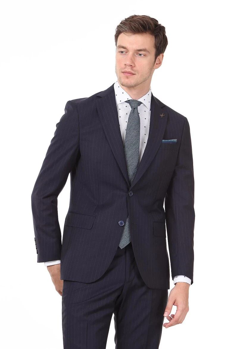 Lacivert Çizgili Regular Fit %100 Yün Takım Elbise - 2