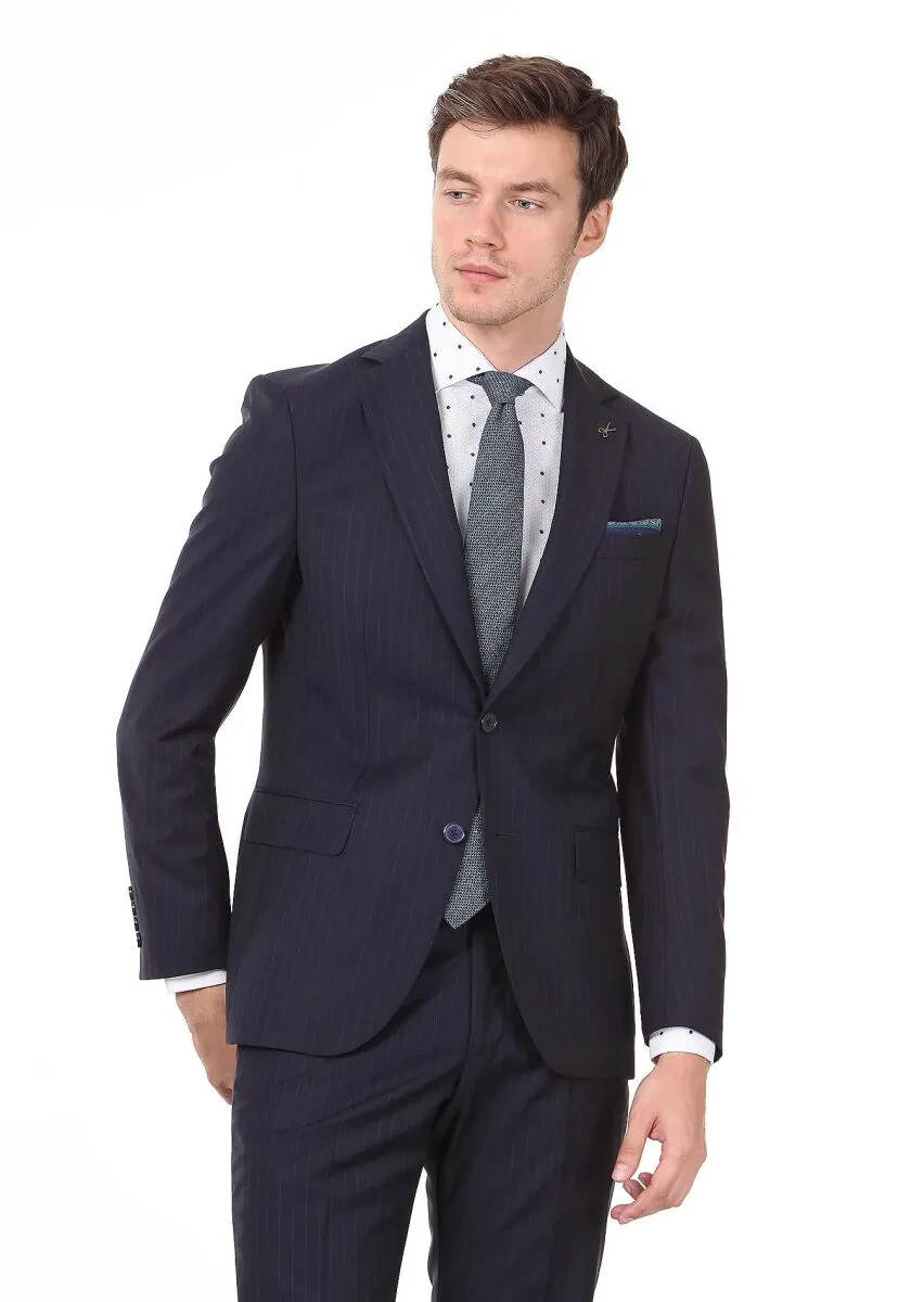 Lacivert Çizgili Regular Fit %100 Yün Takım Elbise - 2