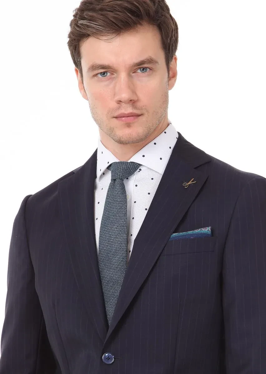 Lacivert Çizgili Regular Fit %100 Yün Takım Elbise - 3