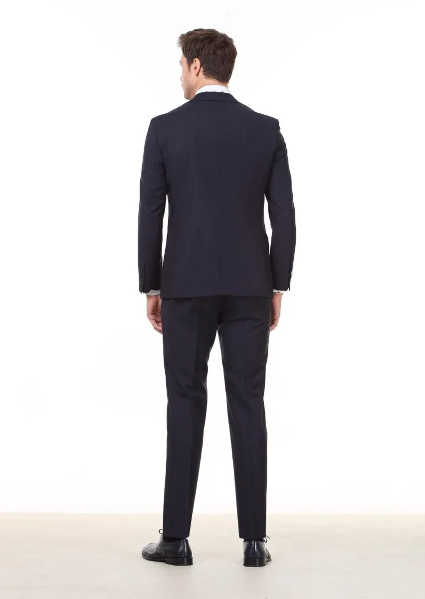 Lacivert Çizgili Regular Fit %100 Yün Takım Elbise - 4