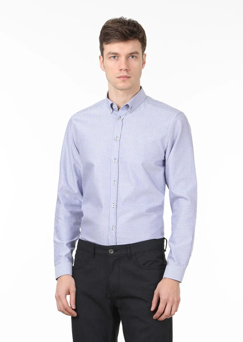 Lacivert Çizgili Regular Fit Dokuma Casual %100 Pamuk Gömlek - 1