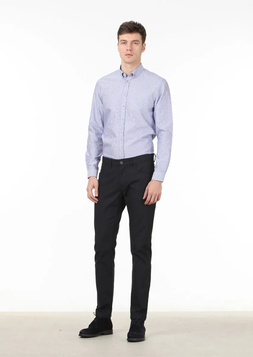Lacivert Çizgili Regular Fit Dokuma Casual %100 Pamuk Gömlek - 2