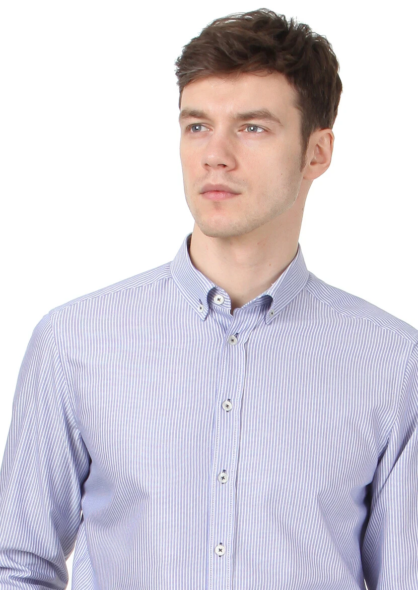 Lacivert Çizgili Regular Fit Dokuma Casual %100 Pamuk Gömlek - 3