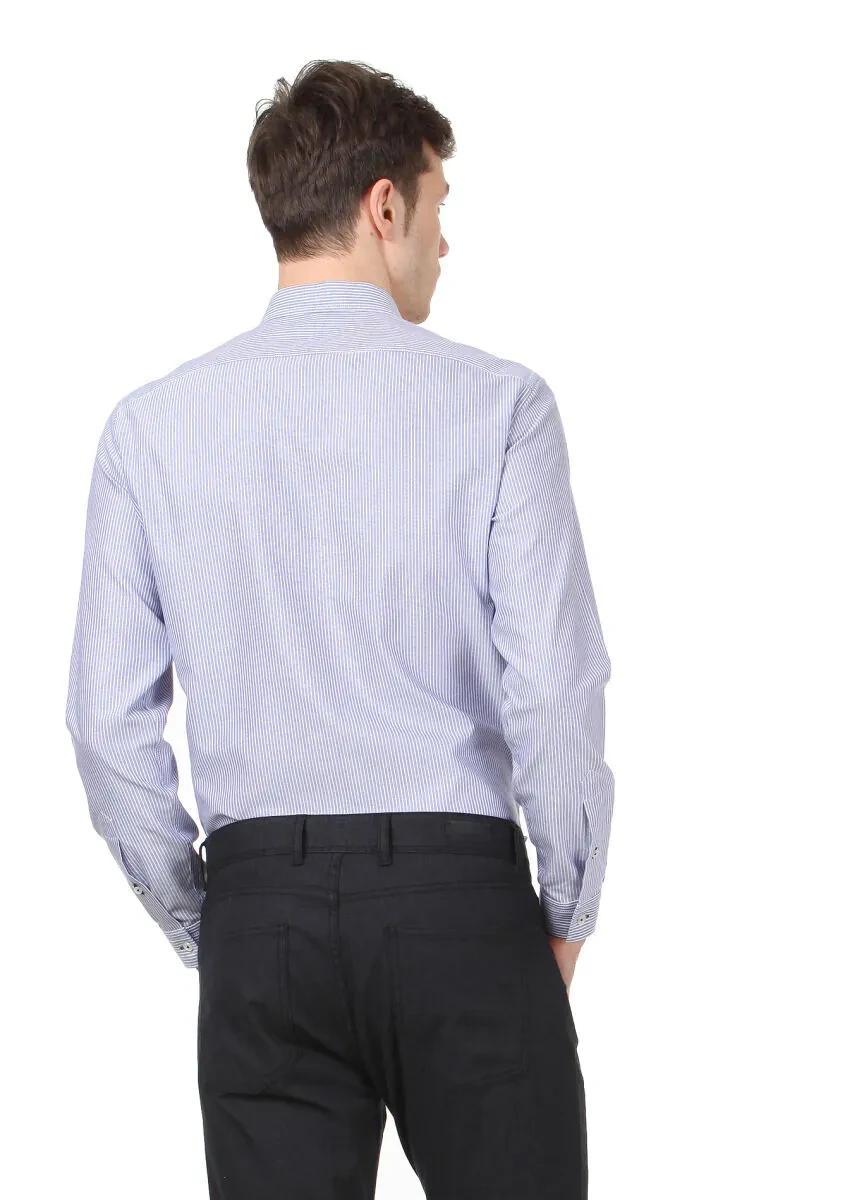 Lacivert Çizgili Regular Fit Dokuma Casual %100 Pamuk Gömlek - 4
